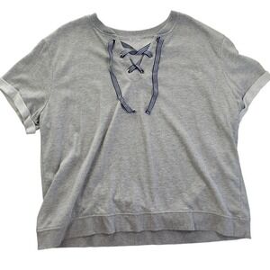 Lace Up Short Sleeve Sweatshirt Heather Grey Striped Tie Pullover Top